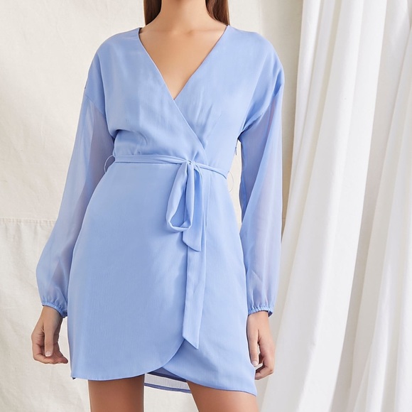 Light Blue Tie-Waist Mini Dress - Picture 4 of 5